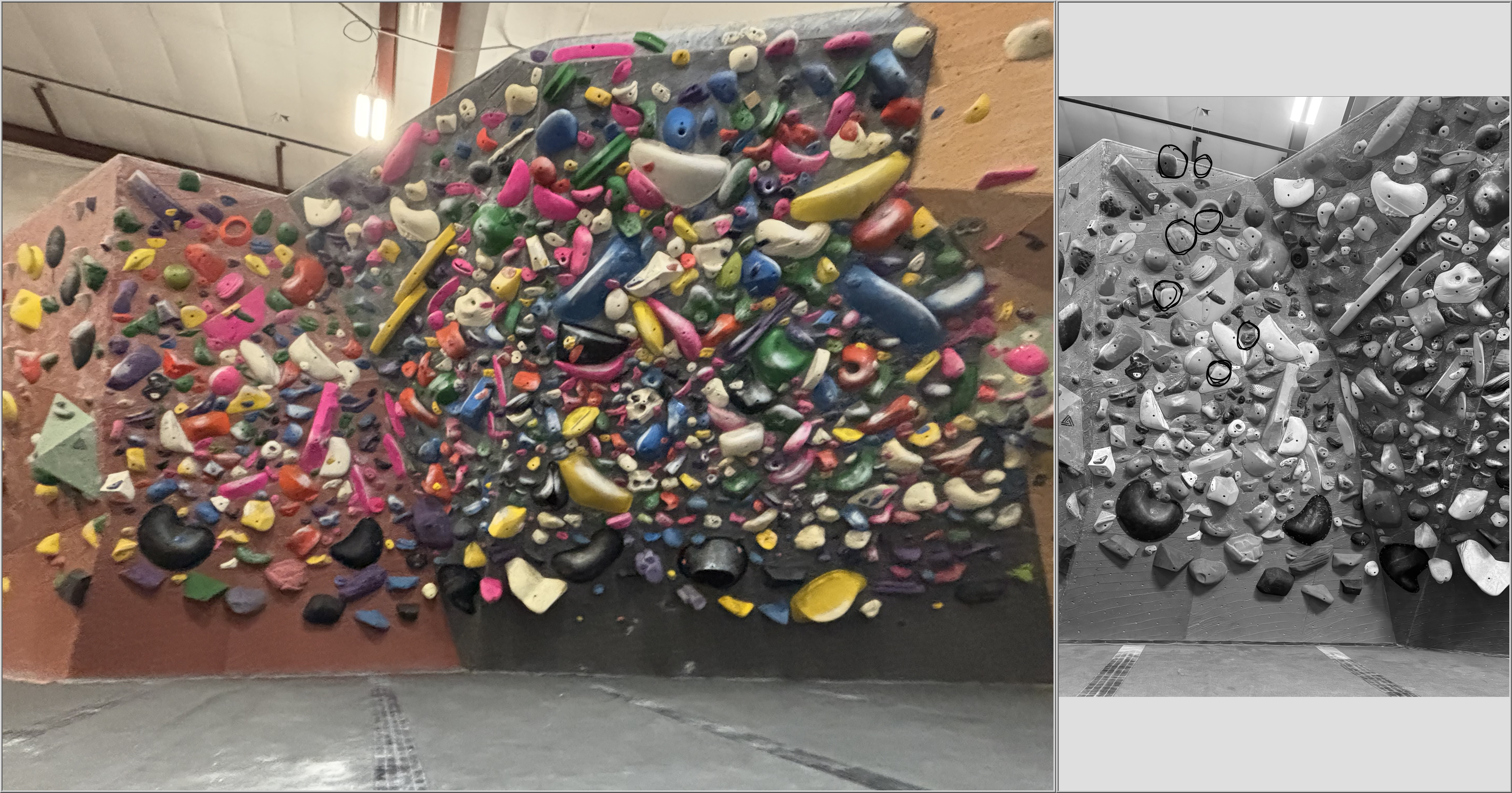 A blurry photo of the Vertical World North splatter wall next to a black and white image with my first top-off route circled